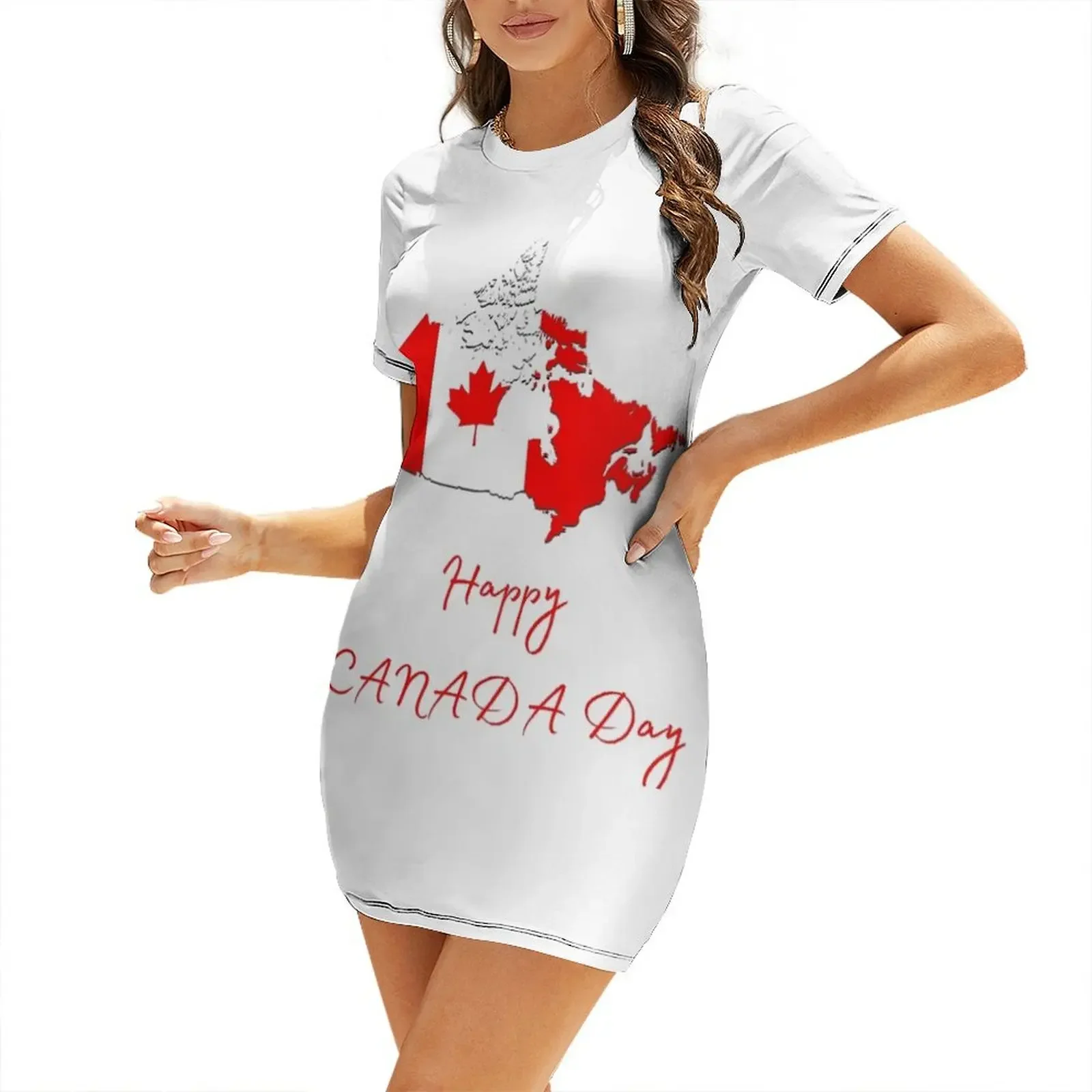Summer Clothing Women Canada - 해피 캐나다 데이 반팔 드레스 이브닝