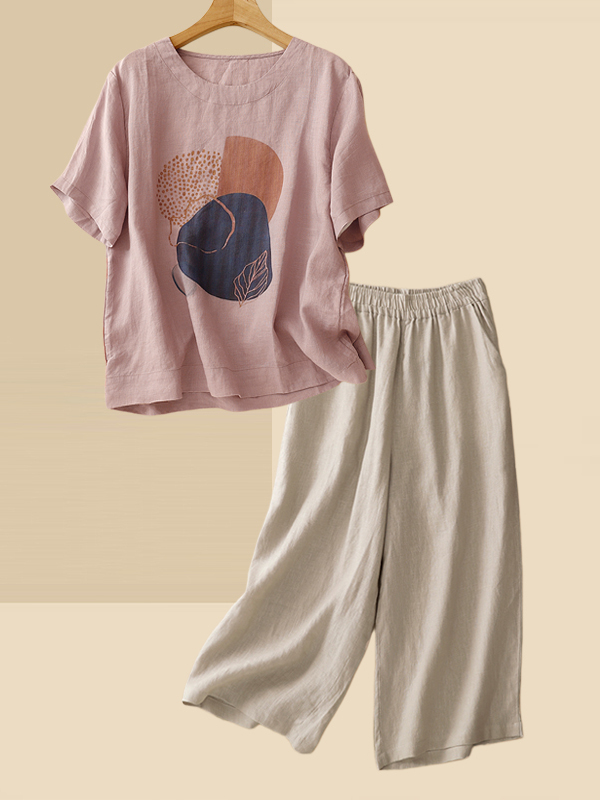 Summer Clothing For Women Over 60 - 레트로 린넨 반팔 티셔츠 탑과 스트레이트