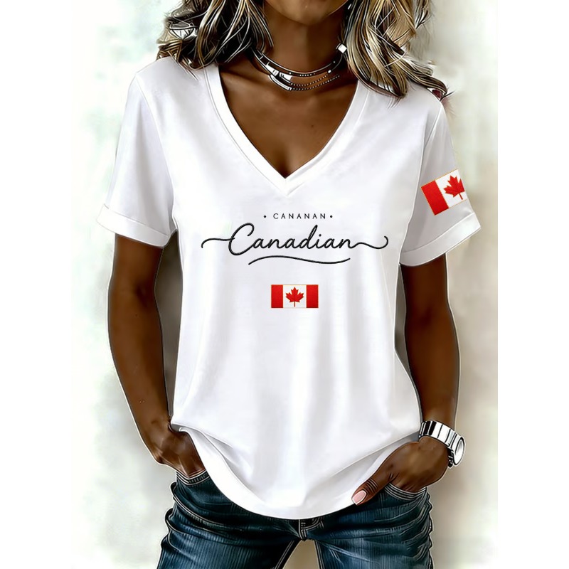 캐나다 국기 인쇄 여성 티셔츠 패션 v 넥 반팔 티셔츠 - Summer Clothing Women Canada 리뷰 및 가격