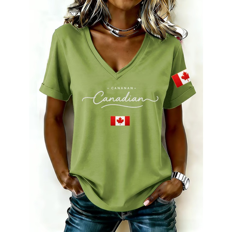 캐나다 국기 인쇄 여성 티셔츠 패션 v 넥 반팔 티셔츠 - Summer Clothing Women Canada 리뷰 및 가격
