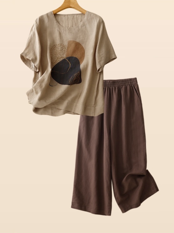 레트로 린넨 반팔 티셔츠 탑과 스트레이트 레그 팬츠 세 - Summer Clothing For Women Over 60 리뷰 및 가격