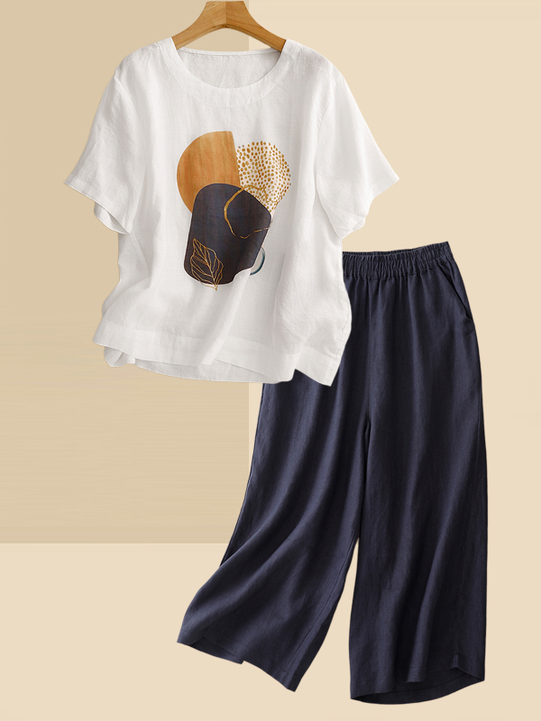 레트로 린넨 반팔 티셔츠 탑과 스트레이트 레그 팬츠 세 - Summer Clothing For Women Over 60 리뷰 및 가격