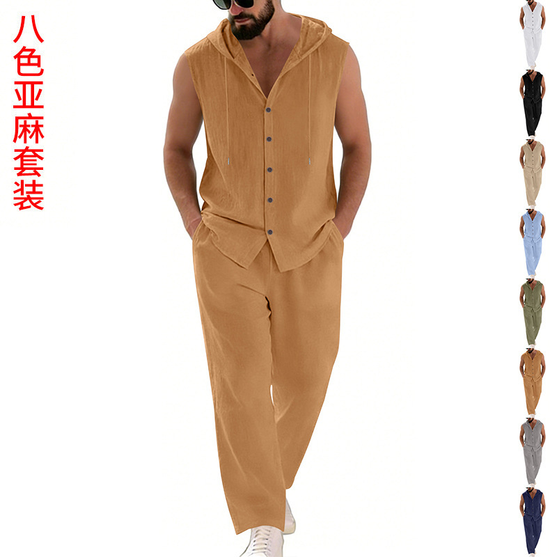 남성 캐주얼 린넨 수트 후드 스웨터 및 바지 세트 단색 - Summer Clothing 리뷰 및 가격