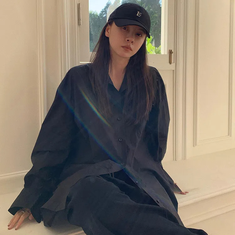 용수철 블랙 루즈 셔츠 상의, 폴로 넥, 단색 긴팔,  - Summer Clothing Trends For Women 리뷰 및 가격
