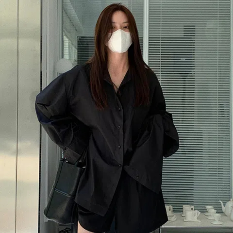 용수철 블랙 루즈 셔츠 상의, 폴로 넥, 단색 긴팔,  - Summer Clothing Trends For Women 리뷰 및 가격